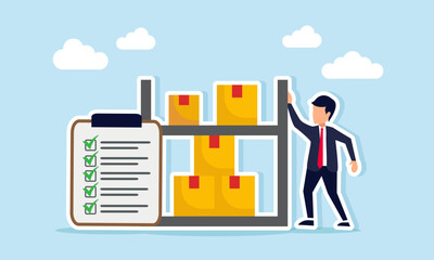 Businessman standing next to a checklist board and a shelf with package boxes illustration of business logistics shipment list