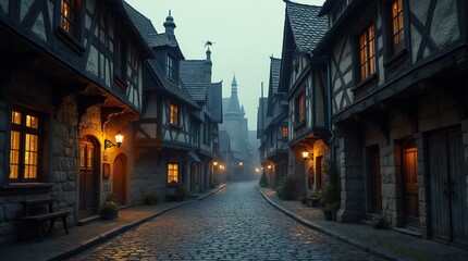 Fototapeta premium Medieval Cobbled Street at Early Morning.