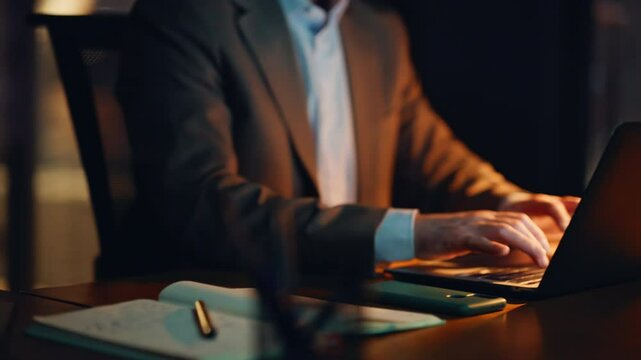 Unknown author writing copybook evening table closeup. Copywriter typing laptop