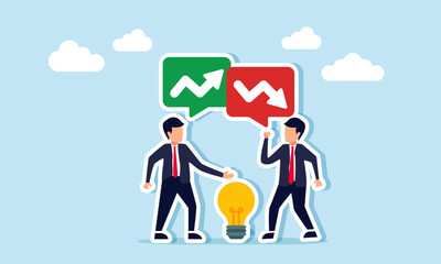 Two businessmen standing between lights arguing with chat dialogs showing up and down arrows illustration of different opinions about business idea suggestions