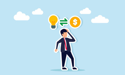 Businessman thinking with lightbulb icon exchange sign and dollar coin illustration of brainstorming ideas to utilize business financial assets