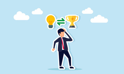Businessman thinking with lightbulb icon exchange sign and trophy illustration of brainstorming ideas to design strategy to become a leading company