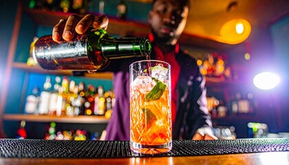 The cocktail shimmers, inviting taste and enjoyment.  