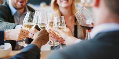 Group of people clinking wine glasses in celebration. Diverse group enjoying wine, smiling and toasting. Wine glasses raised in a cheerful gathering. Diverse people tasting and celebrating with wine.