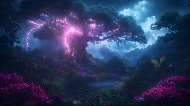 Stormy rainforest illuminated by lightning reveals vibrant flora and dramatic skies in an enchanting natural display