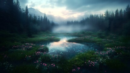 Lush meadow at dawn filled with bioluminescent flowers and mist, creating a serene and magical atmosphere in nature
