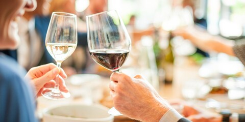 People clinking wine glasses in a celebratory setting. Glasses filled with red and white wine. A joyful gathering with wine, laughter, and celebration. Friends celebrating and toasting at lunch.