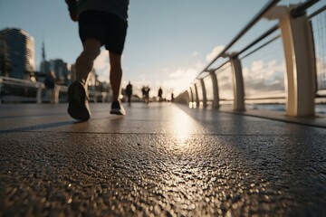 Person Running on a Waterfront Walkway at Sunrise with City View