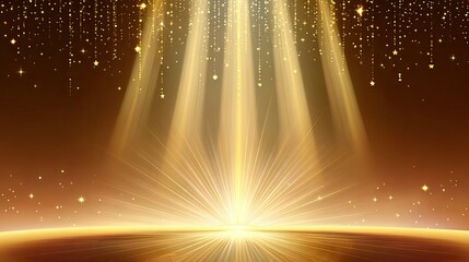 Golden stage background with light burst, vertical beams and sparkling particles