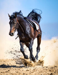 Fototapeta premium Beautiful Brown Stallion on the Run in the Desert Leaving a Trail of Dust Behind Him