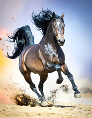 Beautiful Brown Stallion on the Run in the Desert Leaving a Trail of Dust Behind Him