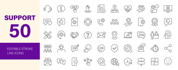 Support icon set. Containing customer service, help, call center, hotline, live chat, assistance, technical, communication, FAQ, information and more. Editable line icons. Vector illustration.	