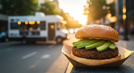 Delicious Vegetarian Burger with Avocado at Sunset Food Truck Festival
