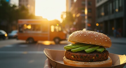 Delicious Vegan Burger with Avocado at Sunset in City Setting