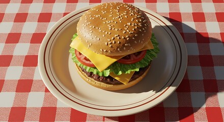 Juicy Cheeseburger on Rustic Checkered Tablecloth