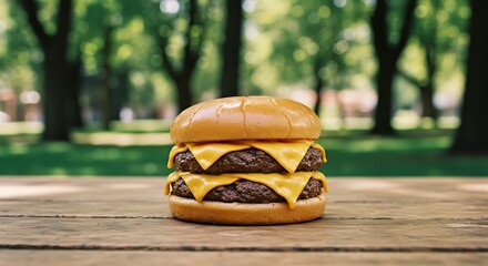 Juicy Double Cheeseburger on Rustic Wooden Table Outdoors