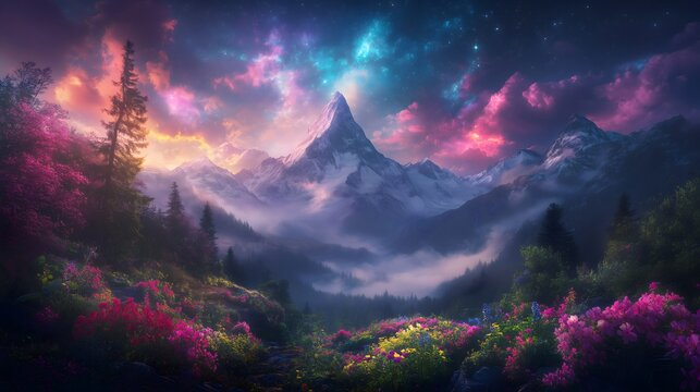 Misty mountain pass at dawn reveals vibrant colors and blooming flowers in a serene landscape