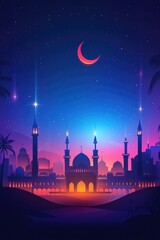 Vibrant cityscape at night, featuring a prominent mosque illuminated against a crescent moon and starry sky, with palm trees and shooting stars