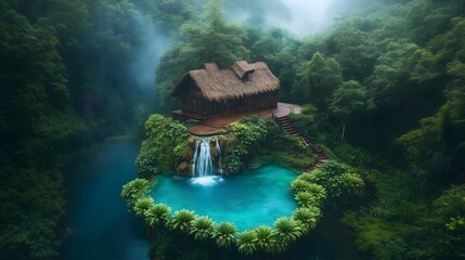 Tropical waterfall cascades into a glowing turquoise pool beside a serene wooden cottage in a lush forest setting