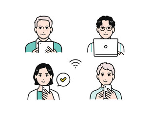 オンラインサービスを利用する中年男女のシンプルなベクターイラストセット