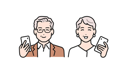 スマートフォンを見て喜ぶシニア夫婦のシンプルなベクターイラスト素材