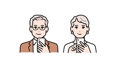 スマートフォンを見るシニア夫婦のシンプルなベクターイラスト素材