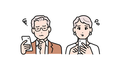 スマートフォンを見て悩むシニア夫婦のシンプルなベクターイラスト素材