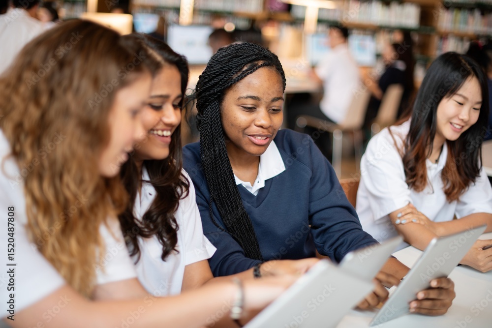 Poster diverse group of young students studying together, using tablets in a library. students collaboratin