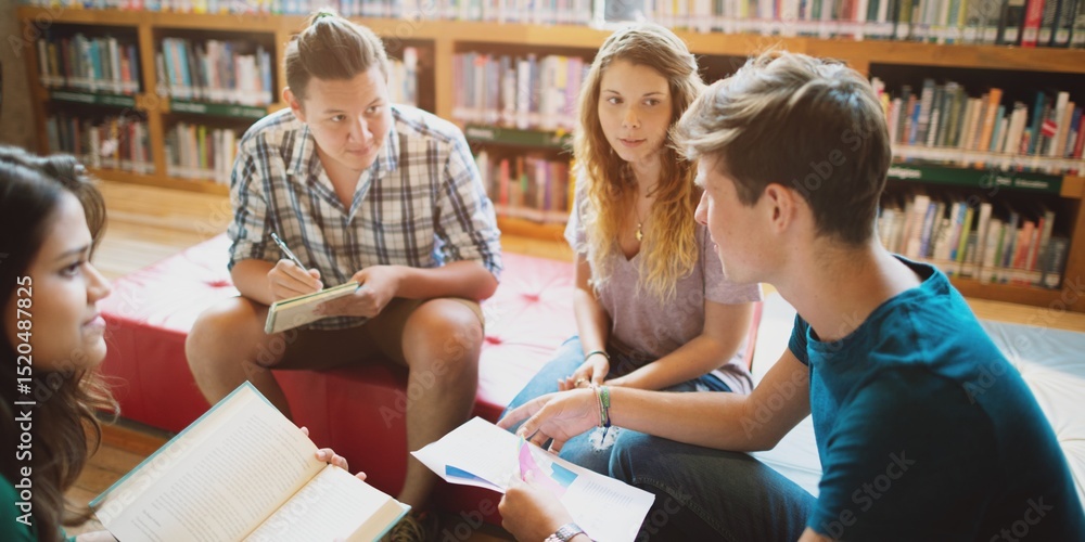 Poster diverse group of young adults studying in a library. diverse group discussing books. students engage
