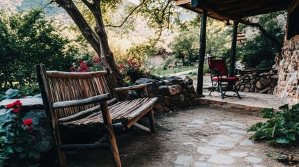 Obraz premium Rustic outdoor seating area nestled amidst nature