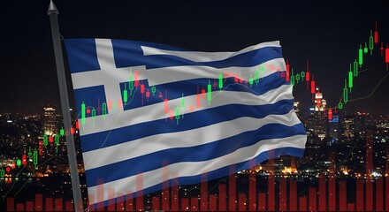 Greek Flag with Stock Market Chart Overlay: Night Cityscape Background