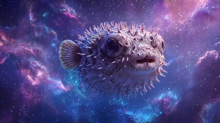 Spiked Pufferfish Floating in a Vibrant Cosmic Nebula Background