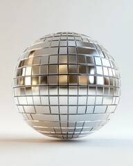 A mirrored sphere composed of numerous small, square facets, reflecting light, rests on a light background