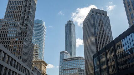 Fototapeta premium View of tall buildings and skyscrapers against a blue sky with scattered white clouds