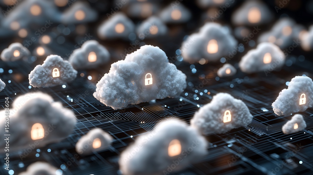 Poster cloud cyber security digital data protection and backup technology system virtual display, futuristi