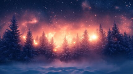 Winter night landscape with snowy forest and fir branches