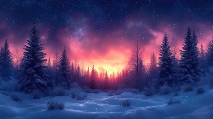 Winter night landscape with snowy forest and fir branches