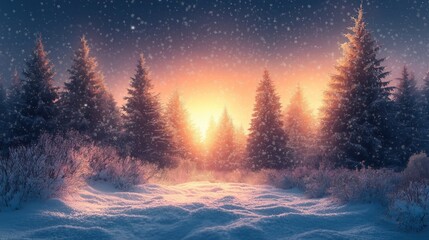 Winter night landscape with snowy forest and fir branches