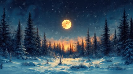 Winter night landscape with snowy forest and fir branches