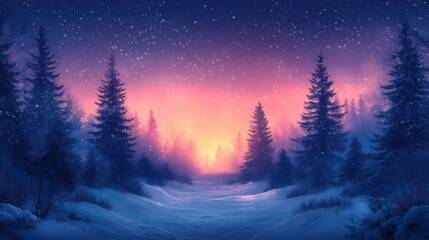 Winter night landscape with snowy forest and fir branches