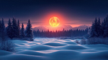 Winter night landscape with snowy forest and fir branches
