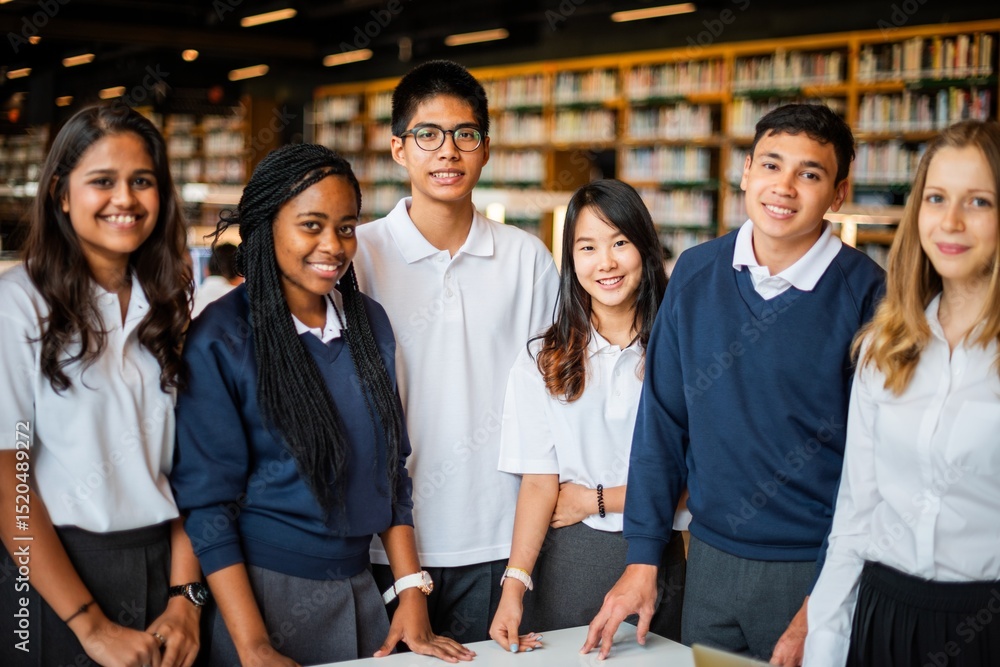Aufkleber group of diverse students in school uniforms smiling in a library. students in uniforms, diverse gro