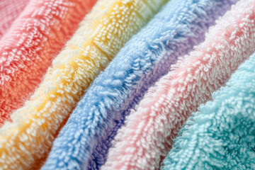 Soft pastel towels texture closeup fluffy fabric rainbow colors