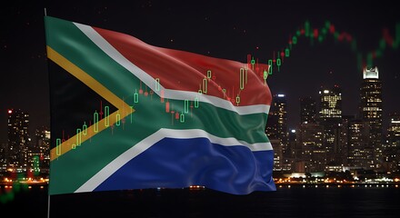 Fototapeta premium South Africa Flag with Stock Market Chart at Night
