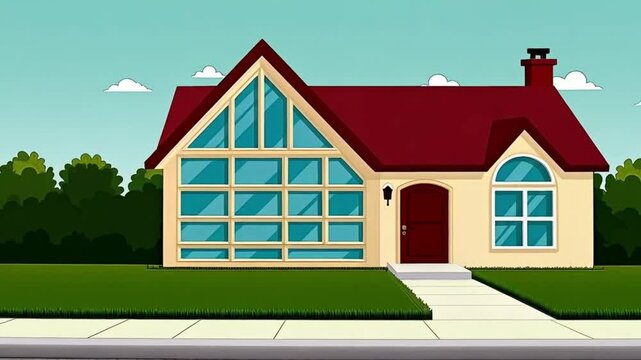 A charming vector illustration of a new residential country cottage with a green roof, red brick, and welcoming front door, nestled on lush green grass under a clear sky