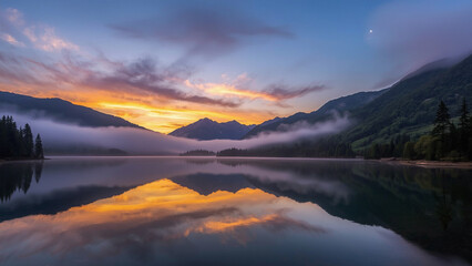 Foggy Mountains at Sunset Reflection