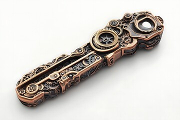 Close up of an ornate steampunk style magnifying glass with intricate gear and metal details design