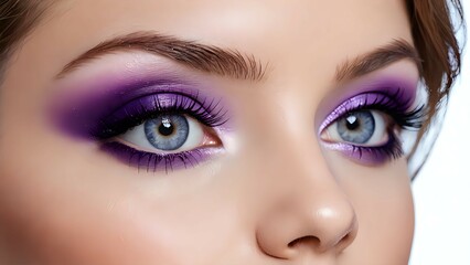 Obraz premium Close-up of striking female eyes with vibrant purple eyeshadow and blue irises showcasing bold artistic makeup style. Eye makeup concept 