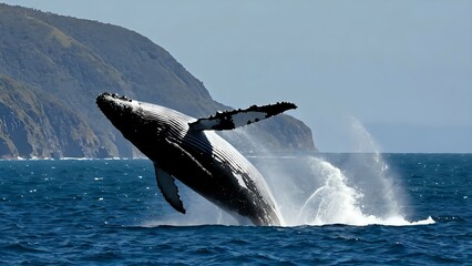 Fototapeta premium Humpback whale breaching from ocean near rocky coastline with powerful splash and natural daylight. Marine wildlife near shore concept
