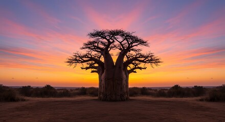 Majestic Baobab Silhouette at Sunrise, African Savanna